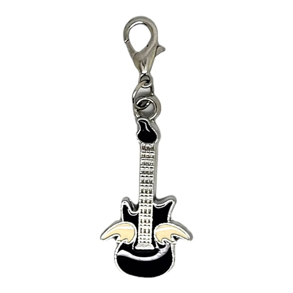 Silver Tone Black And White Enamel Winged Guitar Charm 10$